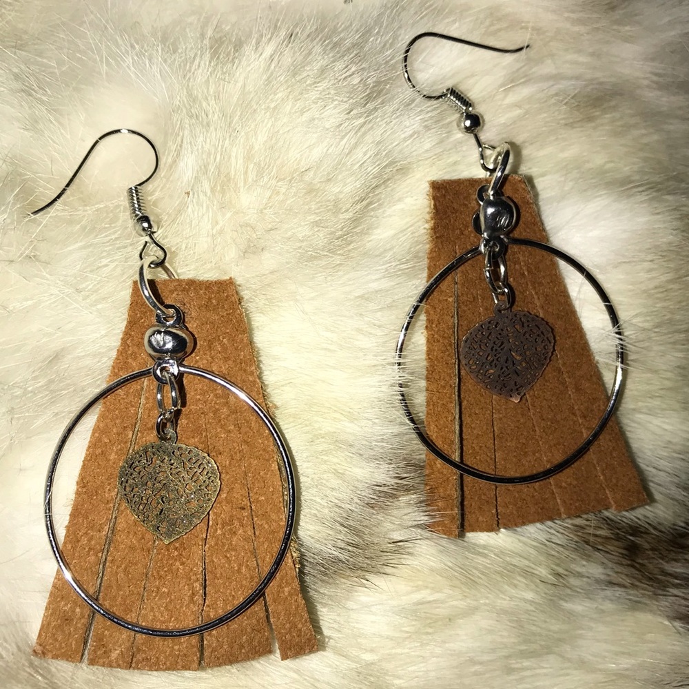 Leather tongue tassel silver hoop copper leaf